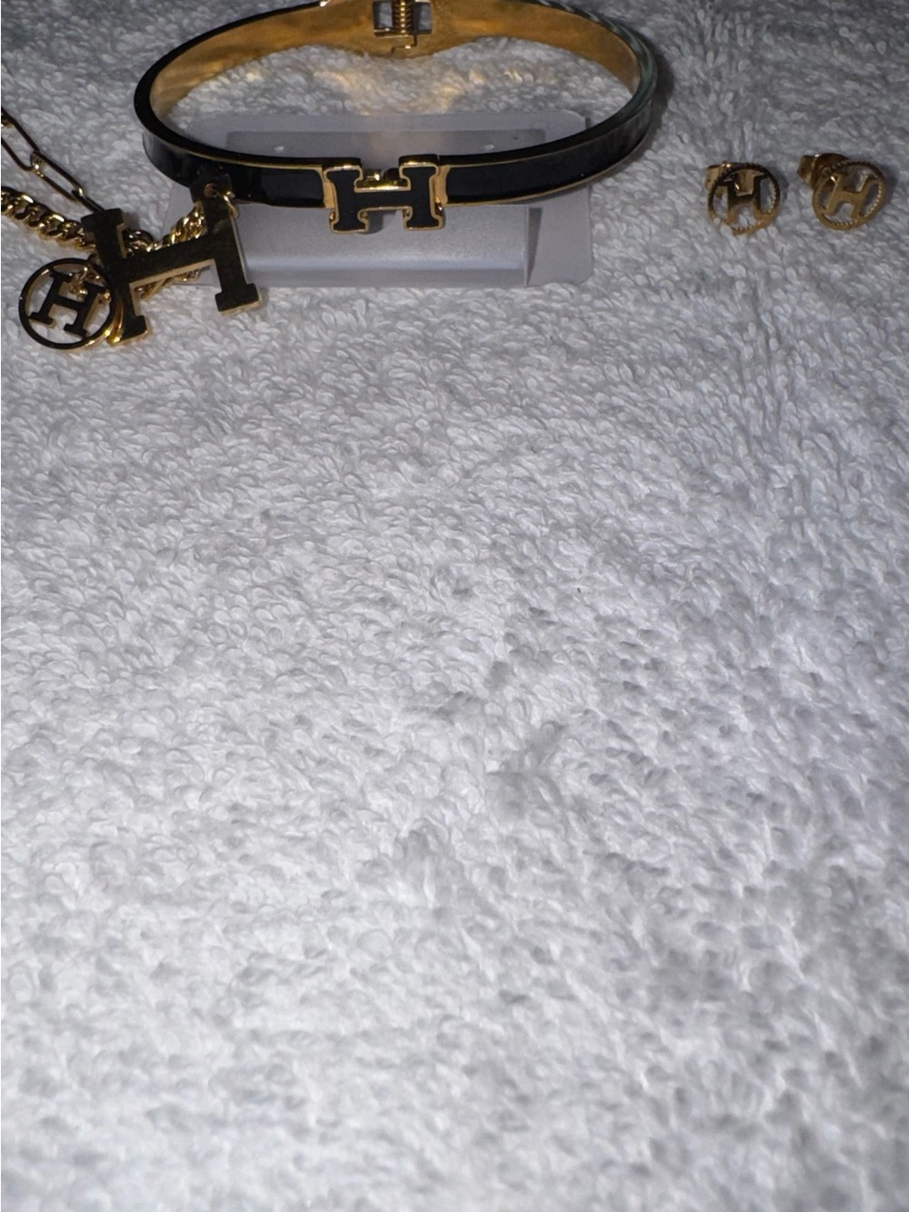 Gold-Tone Black Enamel H Logo Bracelet/Necklace/Earrings Set